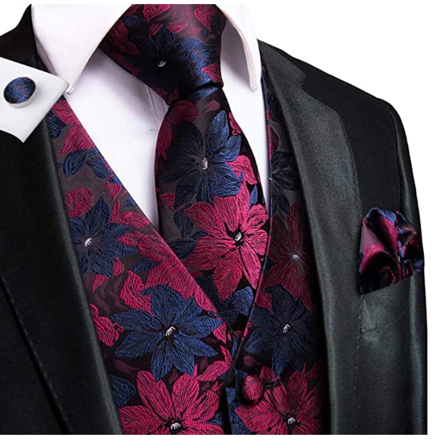 Blå/Rød Blomstret Vest, Slips og Tilbehør: Elegant Sæt til Enhver Lejlighed. Klassisk Stil.