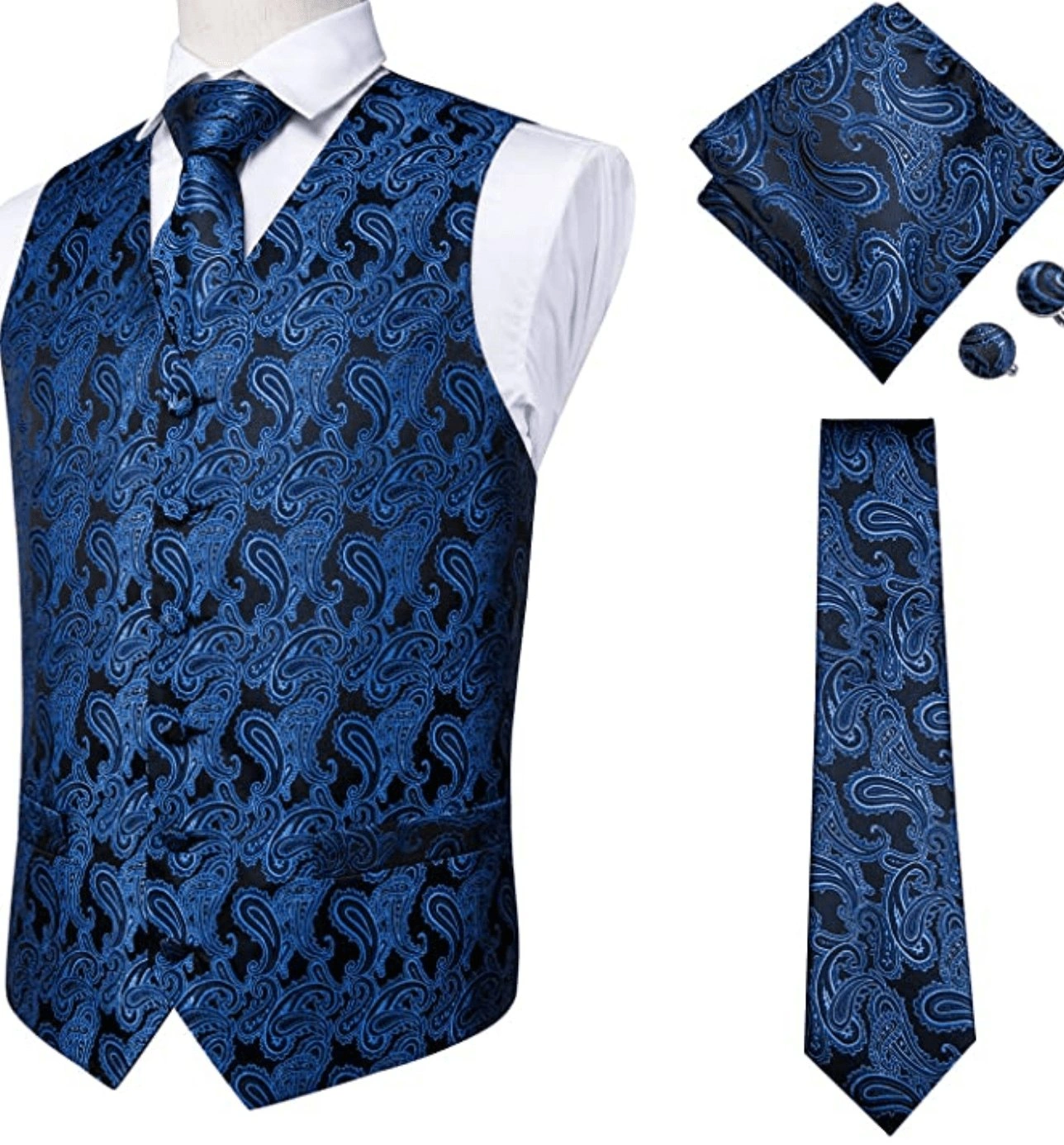 Blå Paisley Vest Sæt: Elegance møder stil! Fire dele til dit perfekte look – MJ-0010.