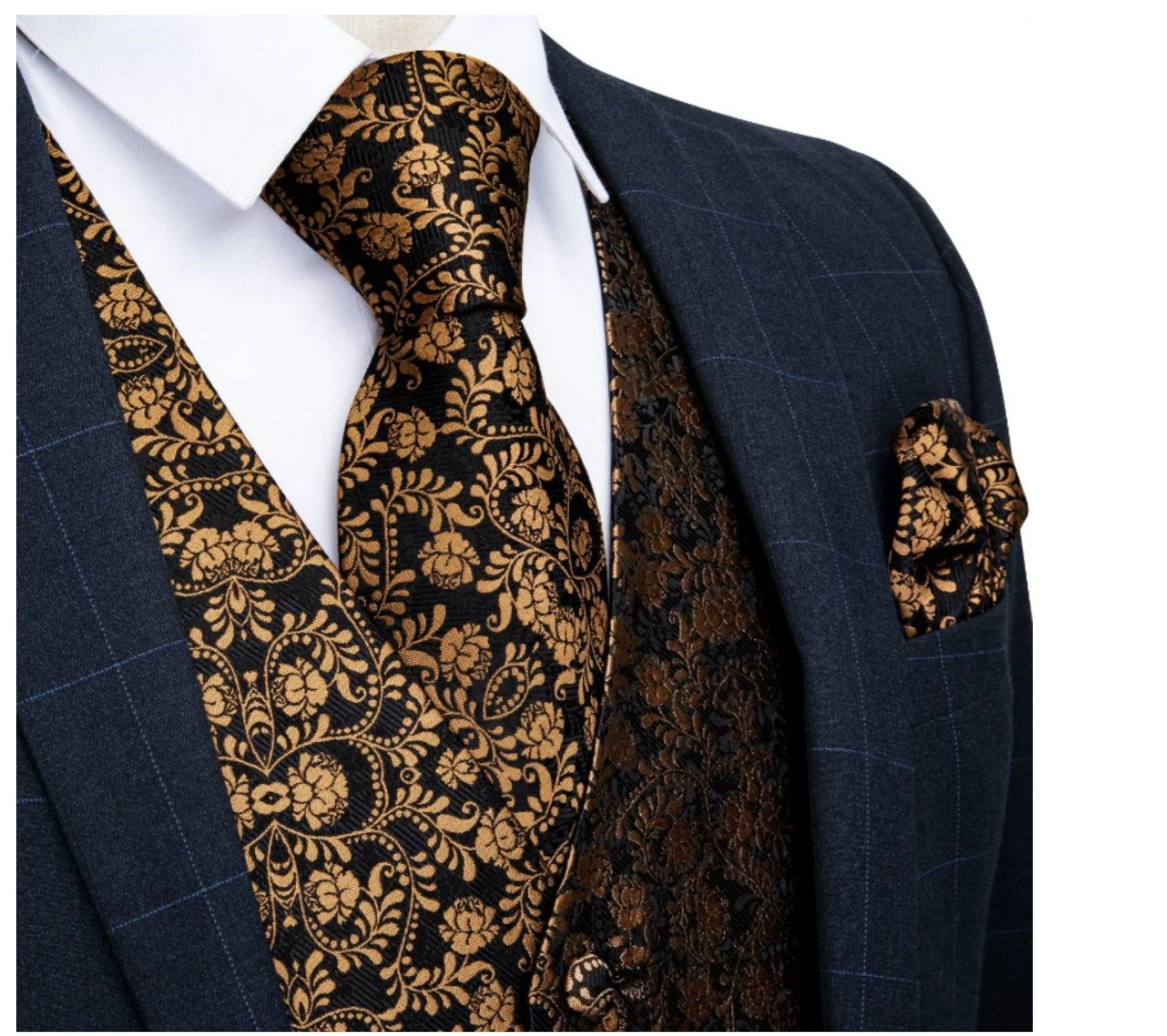 Sort Black Gold Blomster Paisley Vest og Slips Sæt - Elegance til Mænd!